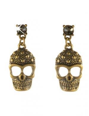 Brass Skull Rhinestones Halloween Earrings