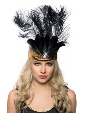 Tall Black Feather Showgirl Headpiece with Gold Sequins