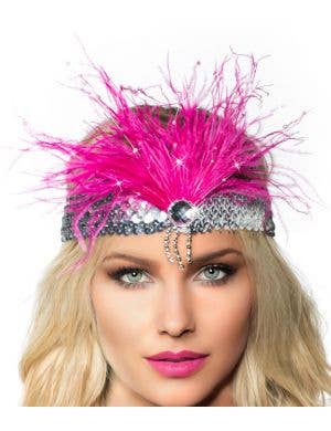 Gatsby Soft Pink Feather Flapper Headband with Silver Sequins