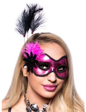 Metallic Hot Pink Vinyl Masquerade Mask with Black Trim Edges and Side Feathers