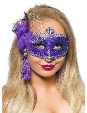 Womens Purple Glitter Mask with Flower Side Feather Costume Masquerade Mask - Main Image