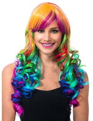 Image of Long Curly Rainbow Women's Costume Wig with Ponytail Clips - Main Image