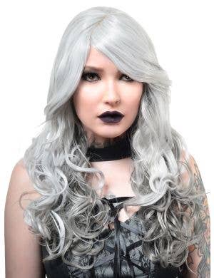 Image of Deluxe Long Curly Grey Ombre Women's Costume Wig - Main Front View
