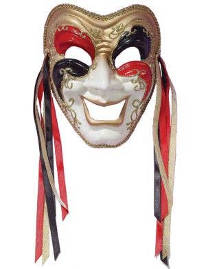 Full Face Comedy Masquerade Mask With Cracked Red Black and Gold Paint Details - View 1