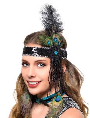 Deluxe Peacock Feather Gatsby Flapper Headband - Main Image