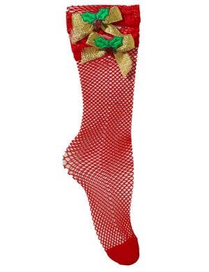 Red Fishnet Christmas Stockings with Gold Glitter Bows and Holly Details 