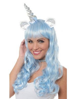 Mystical Pale Pastel Blue Unicorn Wig With Silver Horns And Ears Costume Accessory Main Image