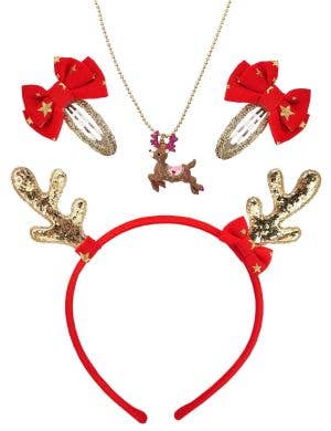 Image of Sparkly Gold and Red Girl's Reindeer Christmas Accessory Set