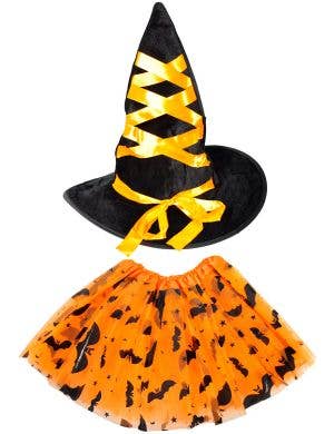 Image of Cute Orange and Black Girl's Witch Hat and Tutu Set