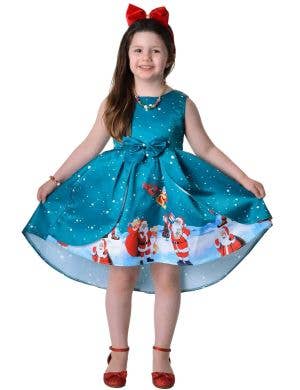 Image of Deluxe Girl's Teal Santa Print Christmas Dress - Front View