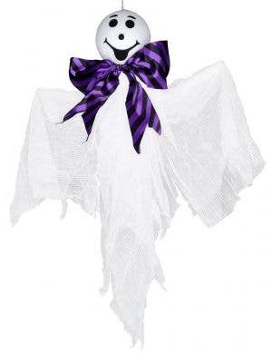 Image Of Halloween Decoration Hanging Smiling White Ghost with Purple and Black Striped Bow Tie Child Friendly Halloween Decoration