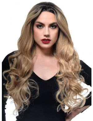 Long Curly Blonde Lace Front Synthetic Fashion Wig with Dark Roots - Front Image