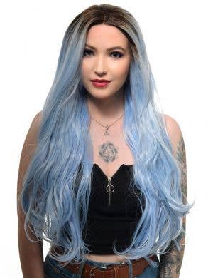Womens Long Pastel Blue Wavy Synthetic Fashion Wig with T-Part Lace Front and Dark Roots - Front Image