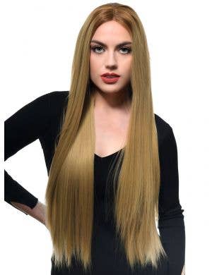 Extra Long Womens Dark Blonde Straight T-Part Lace Front Wig with Dark Roots - Front Image