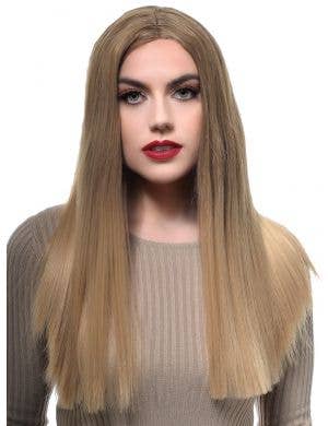 Mid Length Womens Medium Blonde Straight Blunt Cut T-Part Lace Front Fashion Wig - Front Image
