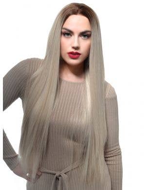 Womens Extra Long Ash Blonde Rooted Straight Synthetic Fashion Wig with Lace Front - Front Image