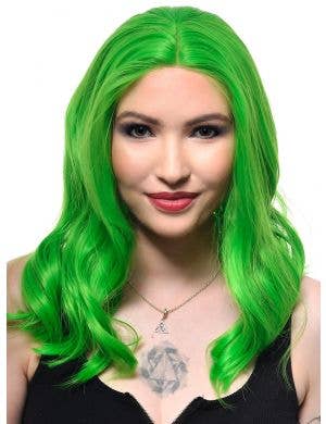 Womens Shoulder Length Joker Green Wavy Synthetic Fashion Wig with T-Part Lace Front - Front Image
