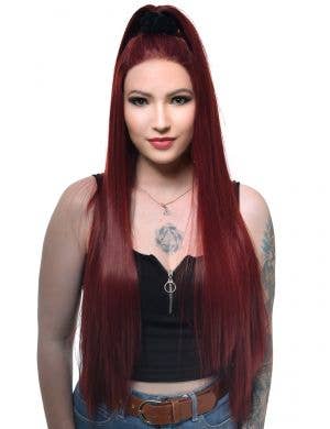 Womens Extra Long Deep Burgundy Red Straight Synthetic Fashion Wig with Lace Front - Main Front Image
