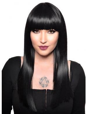 Long Straight Black Deluxe Heat Resistant Fashion Wig with Fringe - Front View