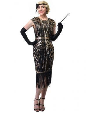 Womens Long Black Gatsby Dress With Gold Sequins and Fringing - Front Image