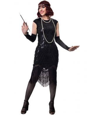 Womens Long Black 1920s Dress with Fringing and Black Sequins - Front Image