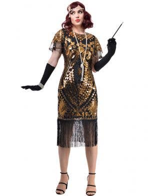 Womens Black Gatsby Costume Dress with Extravagant Gold Sequins and Mesh Cap Sleeves - Front Image