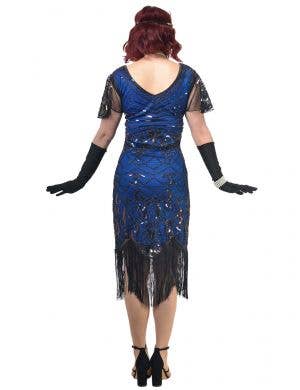 1920s Womens Blue and Black Gatsby Dress Costume with Flutter Sleeves