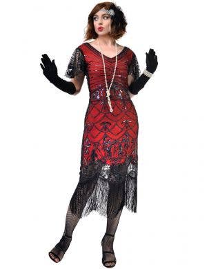 Womens Red and Black Gatsby Dress with Iridescent Sequins and Flutter Sleeve - Front Image
