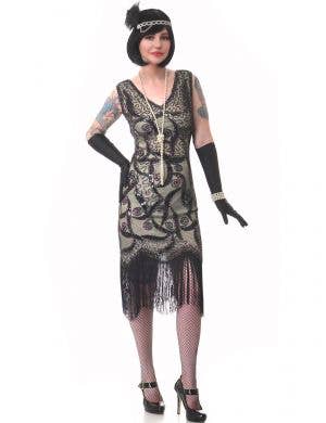 Light Olive Green and Black Women's Deluxe Sequinned Gatsby Costume Dress - Main View