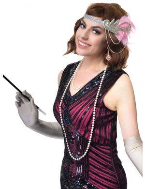 Pink and Silver Feather Headband, Cigarette Holder, Earrings, Gloves and Beads 5 Piece Flapper Set - Main Image