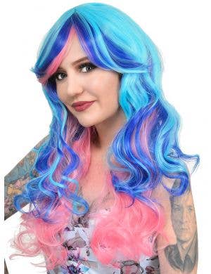 Light Blue, Royal Blue and Pink Layered Curly Wig for Women Front Image
