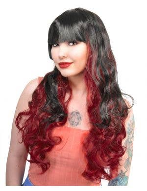 Red and Black Curly Wig with Fringe Front View