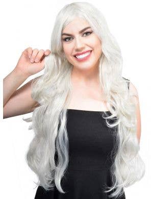 Womens Long Curly Silver Costume Wig Front Image