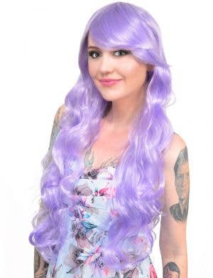 Womens Long Curly Lilac Purple Costume Wig Front Image