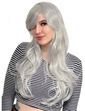Long Wavy Platinum Silver Women's Costume Wig - Front Image