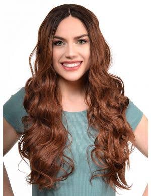 Women's Soft Chestnut Brown Curly Synthetic Fashion Wig with Dark Roots and Lace Parting - Front Image