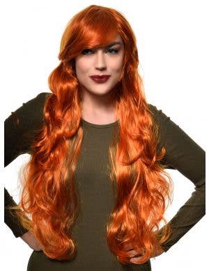 Extra Long Curly Orange Ginger Women's Costume Wig with Side Fringe - Front Image