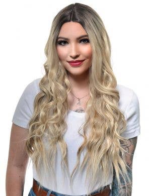 Two Tone Blonde Beachy Waves Womens Fashion Wig with Dark Roots and Lace Part - Front Image