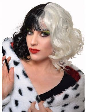 Short Curly Heat Resistant Black and White Split Colour Cruella Costume Wig with Fringe - Front View