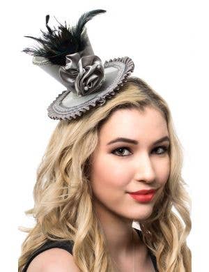 Silver Satin Rosette Mini Top Hat with Peacock Feather View 1