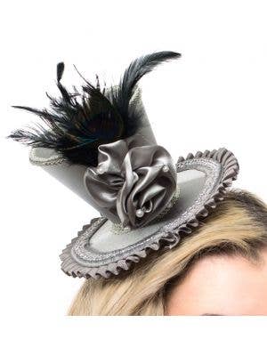 Mini Silver Satin Top Hat with Peacock Feather