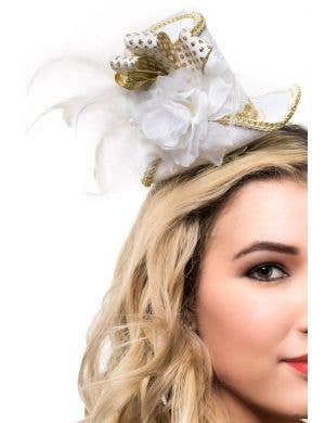 Mini White and Gold Velvet Top Hat with Feathers