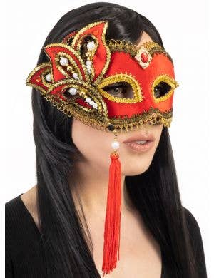 Pearl and Ruby Deluxe Red Velvet Masquerade Mask