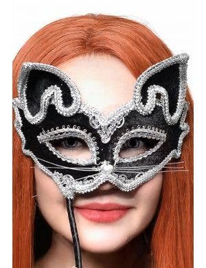 Cat Face Black and Silver Hand Held Masquerade Mask