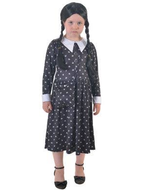 Image of Wednesday Addams Girl's Halloween Costume and Bag - Front View