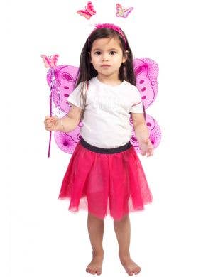 Girls Hot Pink Glitter Butterfly Costume Wings, Headband and Wand Set - Main Image