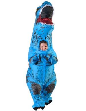 Image of Inflatable Blue T-Rex Dinosaur Kid's Costume - Side View 