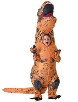 Image of Inflatable Brown T-Rex Dinosaur Kid's Costume - Front View