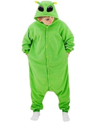 Image of Space Alien Kid's Plush Green Costume Onesie - Front View