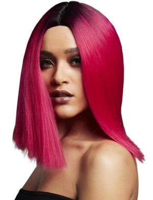 Image of Blunt Cut Women's Magenta Pink Bob Wig with Dark Roots
